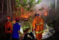 Saat BPBD bersama petugas pemadaman kebakaran Pemkab Trenggalek melakukan upaya pemadaman api agar tidak sampai ke pemukiman warga