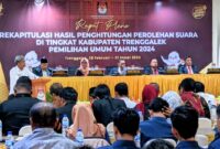 Sekretaris Daerah Kabupaten Trenggalek Edy Soepriyanto, memberikan sambutan sebelum rekapitulasi yang diadakan KPU dimulai.
