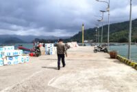Suasana Pelabuhan Prigi, nampak box ikan tertata rapi dekat dermaga.