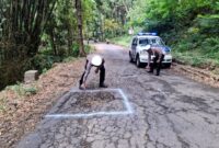 Satlantas Polres Trenggalek tengah memberi tanda berupa cat putih di beberapa titik jalan rusak di jalur Trenggalek-Bendungan.