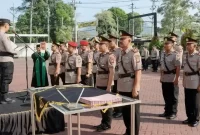Upacara Serah Terima Jabatan (sertijab) yang dipimpin Kapolres Trenggalek AKBP Ridwan Maliki di halaman Mapolres Trenggalek, Rabu (4/6/2026).